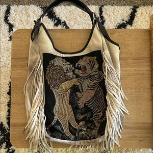 Free People x Anthropology Beaded Eye of the Tiger Suede Tote Bag